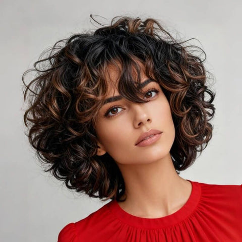 Wear and Go Wigs #1B/30 Highlight Curly Bob Wigs With Bangs Glueless Human Hair Wigs