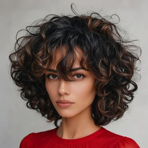 Wear and Go Wigs #1B/30 Highlight Curly Bob Wigs With Bangs Glueless Human Hair Wigs