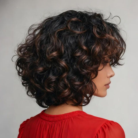 Wear and Go Wigs #1B/30 Highlight Curly Bob Wigs With Bangs Glueless Human Hair Wigs
