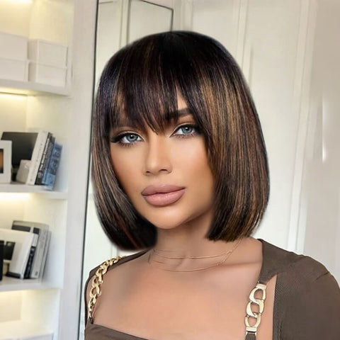 For Beginners Wear and Go Wigs Brown Highlight Bob Wigs With Bangs Human Hair Wigs