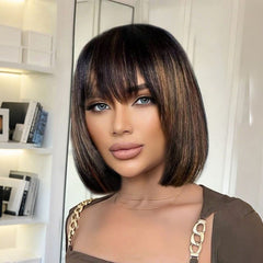 For Beginners Wear and Go Wigs Brown Highlight Bob Wigs With Bangs Human Hair Wigs
