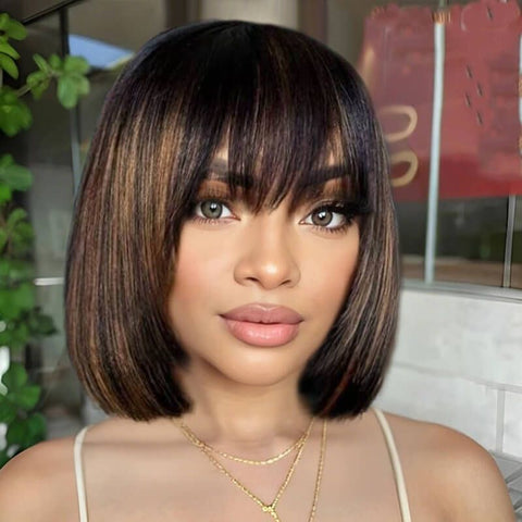 For Beginners Wear and Go Wigs Brown Highlight Bob Wigs With Bangs Human Hair Wigs