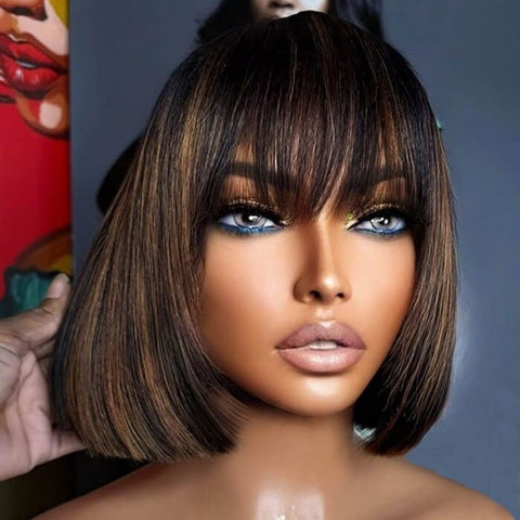 For Beginners Wear and Go Wigs Brown Highlight Bob Wigs With Bangs Human Hair Wigs
