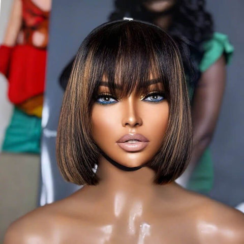 For Beginners Wear and Go Wigs Brown Highlight Bob Wigs With Bangs Human Hair Wigs