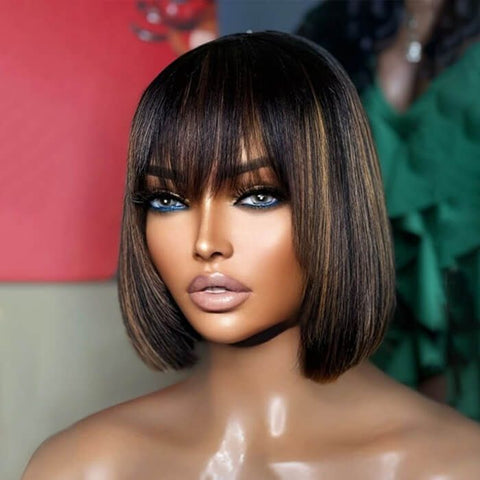 For Beginners Wear and Go Wigs Brown Highlight Bob Wigs With Bangs Human Hair Wigs