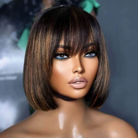 For Beginners Wear and Go Wigs Brown Highlight Bob Wigs With Bangs Human Hair Wigs