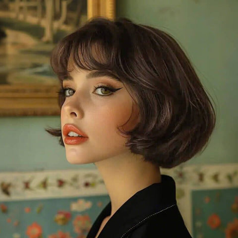 Elegant Short Brown Bob Wigs With Bangs Hairstyles Popular Messy Human Hair Wigs