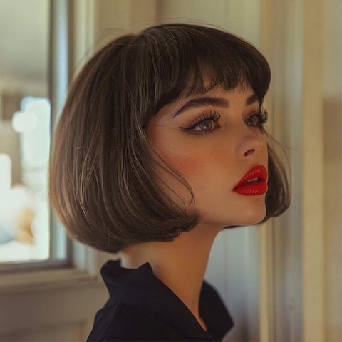 Elegant Short Brown Bob Wigs With Bangs Hairstyles Popular Messy Human Hair Wigs