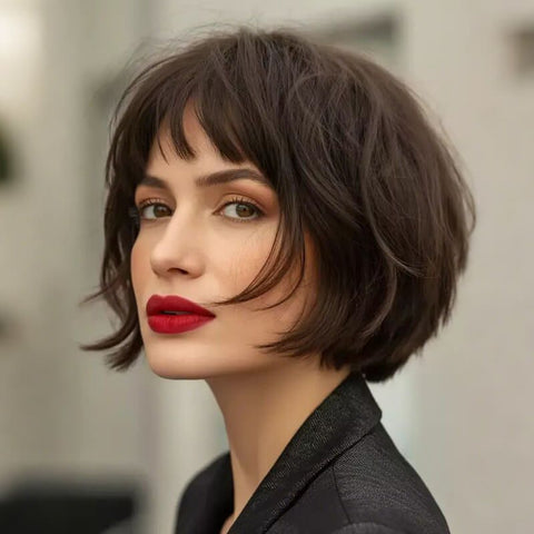 Elegant Short Brown Bob Wigs With Bangs Hairstyles Popular Messy Human Hair Wigs