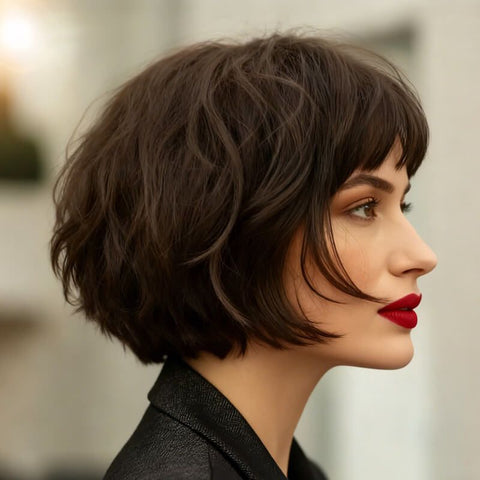 Elegant Short Brown Bob Wigs With Bangs Hairstyles Popular Messy Human Hair Wigs