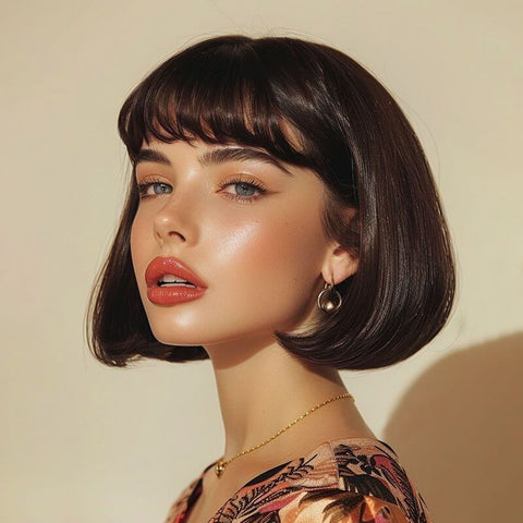 Elegant Short Brown Bob Wigs With Bangs Hairstyles Popular Messy Human Hair Wigs