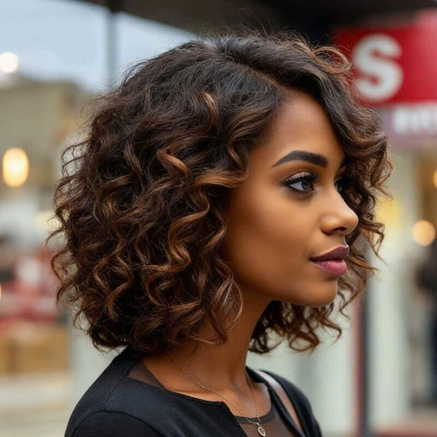 Brown Highlight Short Bouncy Bob Curly Hairstyles Glueless Human Hair Wigs