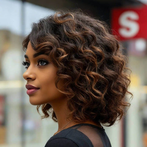 Brown Highlight Short Bouncy Bob Curly Hairstyles Glueless Human Hair Wigs