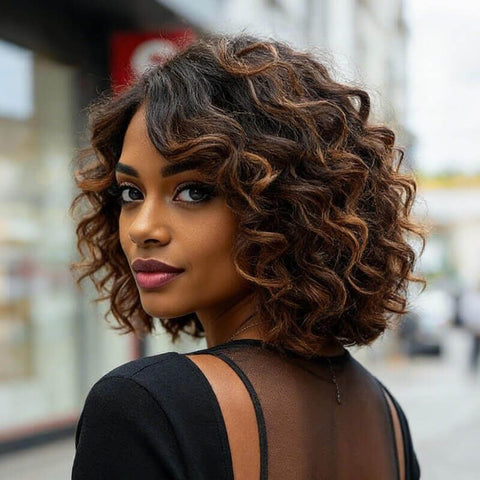 Brown Highlight Short Bouncy Bob Curly Hairstyles Glueless Human Hair Wigs