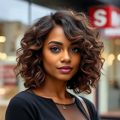 Brown Highlight Short Bouncy Bob Curly Hairstyles Glueless Human Hair Wigs