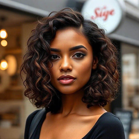 Brown Highlight Short Bouncy Bob Curly Hairstyles Glueless Human Hair Wigs