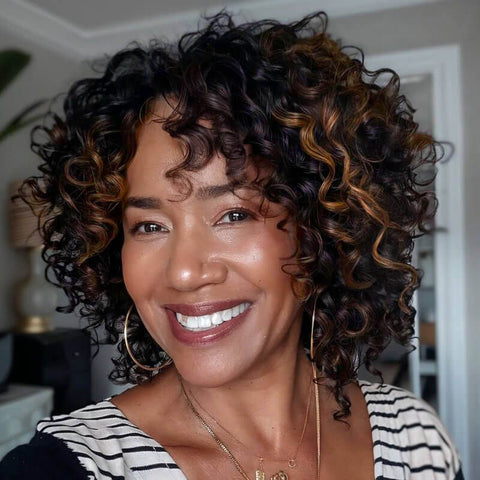 Wear and Go Wigs Copper Highlight Bouncy Curly Bob Wigs Glueless Human Hair Wigs