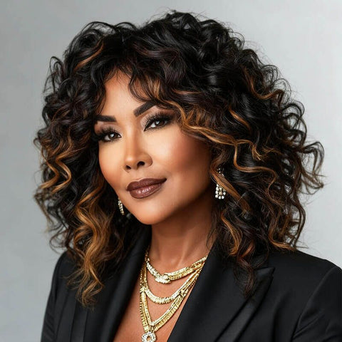 Wear and Go Wigs Copper Highlight Bouncy Curly Bob Wigs Glueless Human Hair Wigs