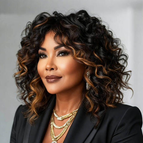Wear and Go Wigs Copper Highlight Bouncy Curly Bob Wigs Glueless Human Hair Wigs