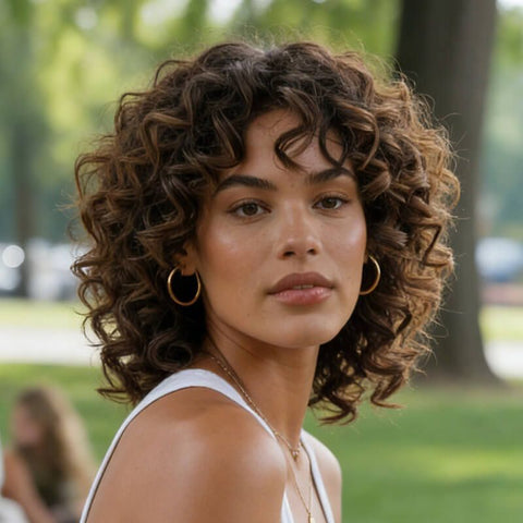 Brown Shoulder Length Curly Wigs With Bangs Glueless Human Hair Wigs