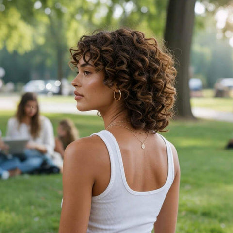 Brown Shoulder Length Curly Wigs With Bangs Glueless Human Hair Wigs