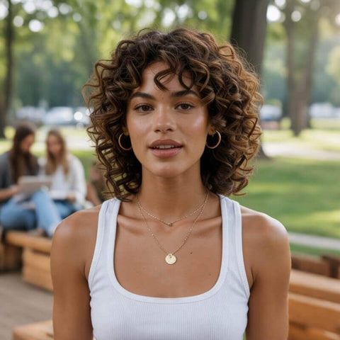 Brown Shoulder Length Curly Wigs With Bangs Glueless Human Hair Wigs