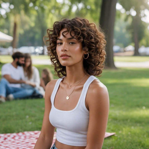 Brown Shoulder Length Curly Wigs With Bangs Glueless Human Hair Wigs