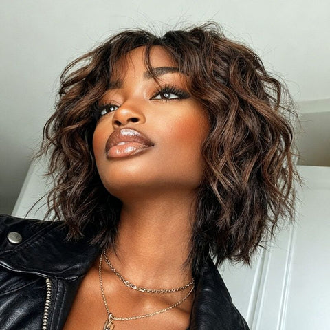 Bye Bye Knots Wear and Go Wigs Trendy Brown Short Wigs with Bangs Human Hair Wigs For Women