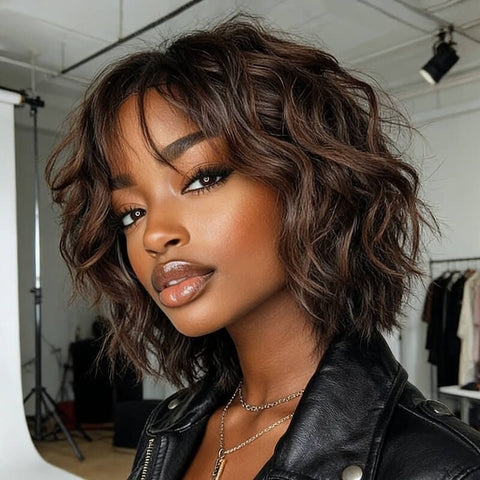 Bye Bye Knots Wear and Go Wigs Trendy Brown Short Wigs with Bangs Human Hair Wigs For Women
