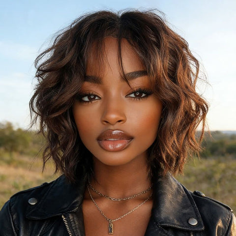 Bye Bye Knots Wear and Go Wigs Trendy Brown Short Wigs with Bangs Human Hair Wigs For Women