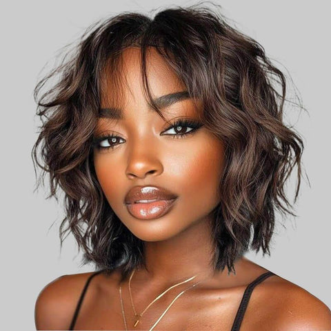 Bye Bye Knots Wear and Go Wigs Trendy Brown Short Wigs with Bangs Human Hair Wigs For Women