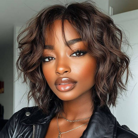 Bye Bye Knots Wear and Go Wigs Trendy Brown Short Wigs with Bangs Human Hair Wigs For Women
