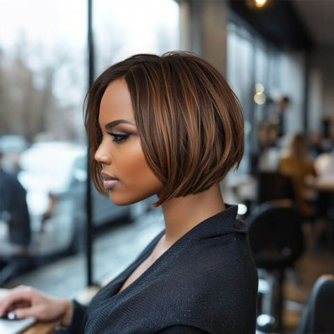 Ready to Wear Wig Brown Highlight Short Bob Wigs Glueless Human Hair Wigs