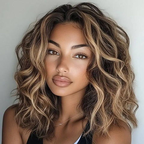 Wear And Go Wigs Brown with Blonde Highlight Bob Wave Glueless Human Hair Wigs
