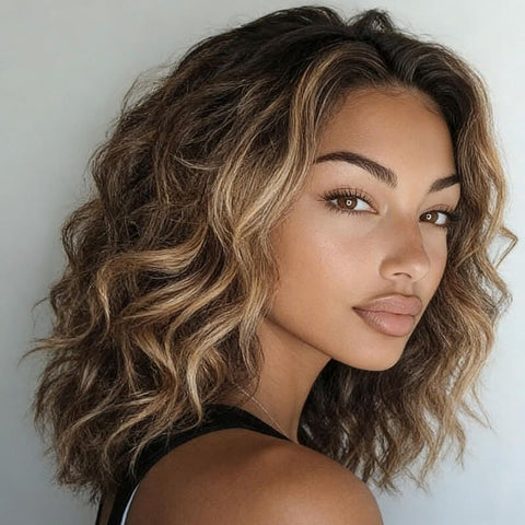 Wear And Go Wigs Brown with Blonde Highlight Bob Wave Glueless Human Hair Wigs
