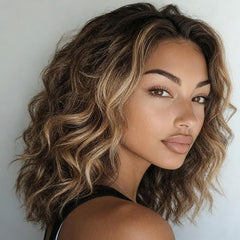 Wear And Go Wigs Brown with Blonde Highlight Bob Wave Glueless Human Hair Wigs