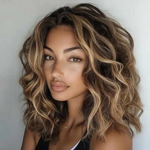Wear And Go Wigs Brown with Blonde Highlight Bob Wave Glueless Human Hair Wigs