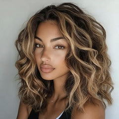 Wear And Go Wigs Brown with Blonde Highlight Bob Wave Glueless Human Hair Wigs