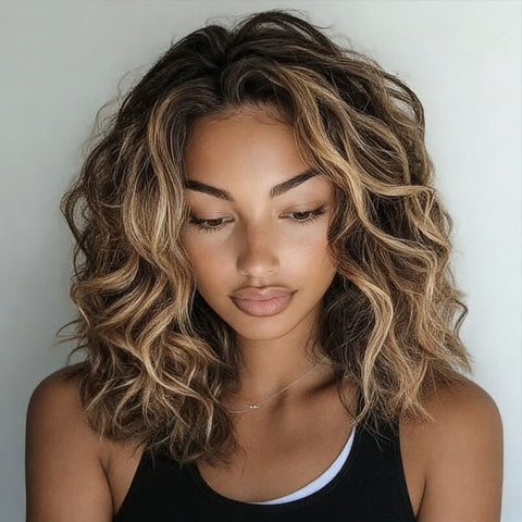 Wear And Go Wigs Brown with Blonde Highlight Bob Wave Glueless Human Hair Wigs