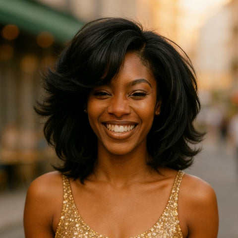 Shoulder Length Layered Side Part Bob Wavy Wigs With Bangs Glueless Human Hair Wigs