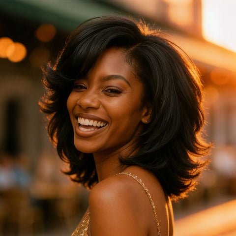 Shoulder Length Layered Side Part Bob Wavy Wigs With Bangs Glueless Human Hair Wigs
