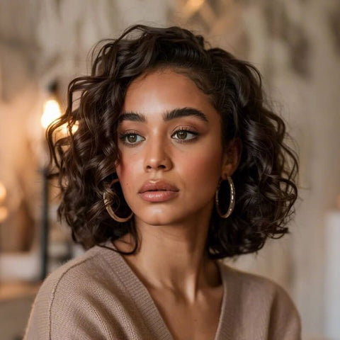 Wear And Go Wigs Warm Brown Curly Bob Wigs Glueless Human Hair Wigs