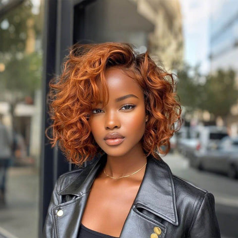 Wear and Go Wigs Copper Red Short Voluminous Bob Loose Curly Glueless Human Hair Wig