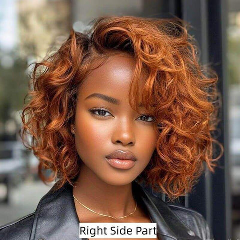 Wear and Go Wigs Copper Red Short Voluminous Bob Loose Curly Glueless Human Hair Wig