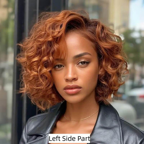 Wear and Go Wigs Copper Red Short Voluminous Bob Loose Curly Glueless Human Hair Wig