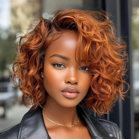 Wear and Go Wigs Copper Red Short Voluminous Bob Loose Curly Glueless Human Hair Wig