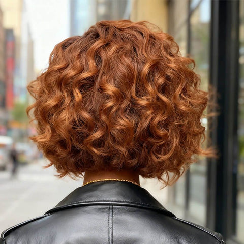 Wear and Go Wigs Copper Red Short Voluminous Bob Loose Curly Glueless Human Hair Wig