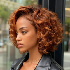 Bob Wig  Wear and Go Wigs Copper Red Short Voluminous Bob Loose Curly Glueless Human Hair Wig
