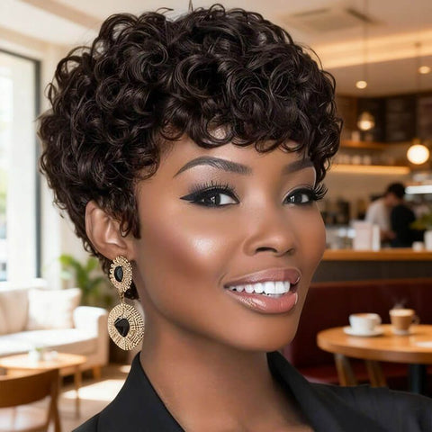 Elegant Short Curly Pixie Cut Wigs with Bangs for Women Human Hair Wigs