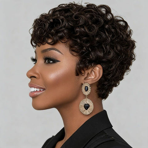 Elegant Short Curly Pixie Cut Wigs with Bangs for Women Human Hair Wigs